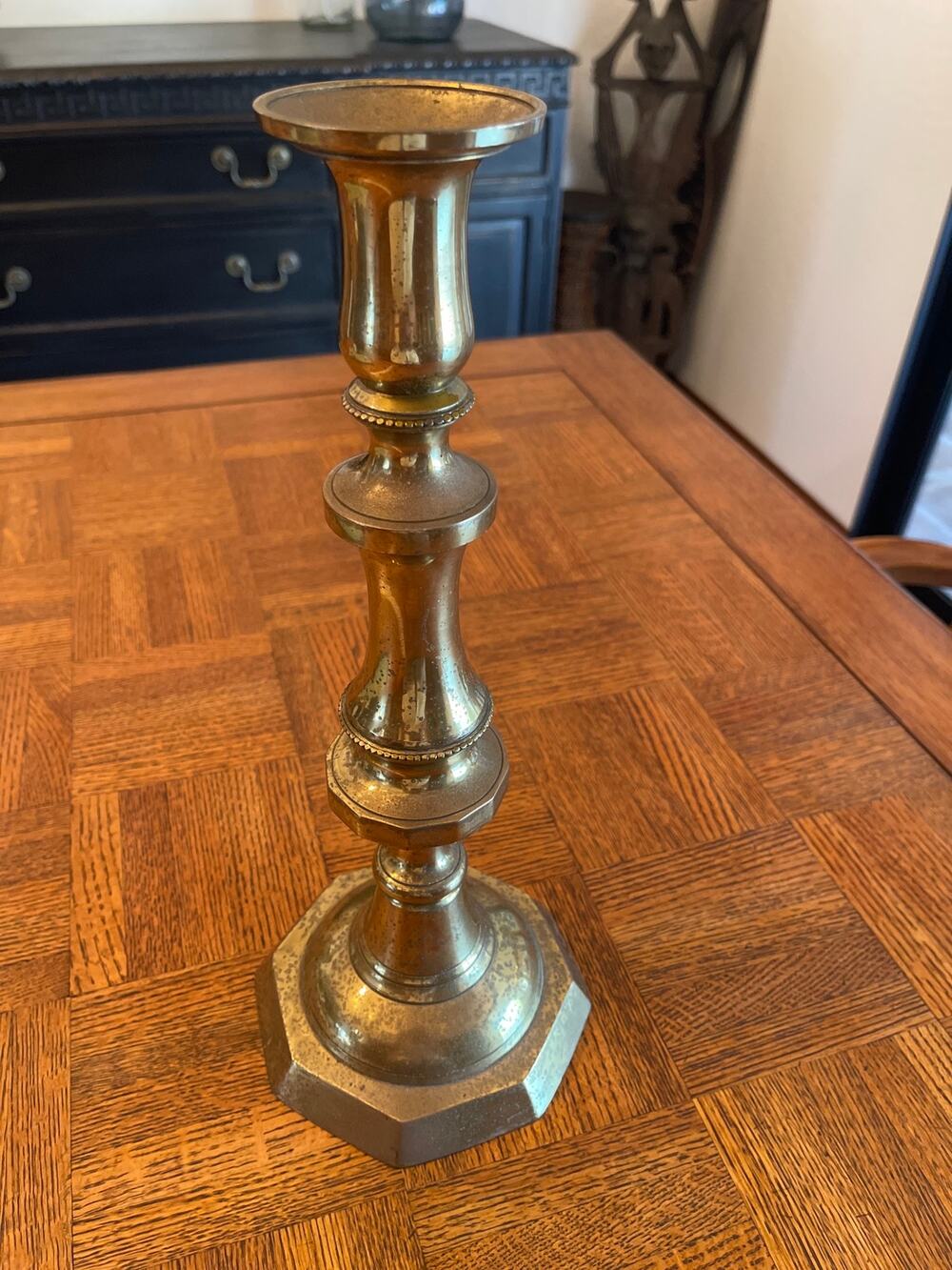 Antique 19th Century Brass Candlestick Holder Octagonal Base Baluster Stem 14”